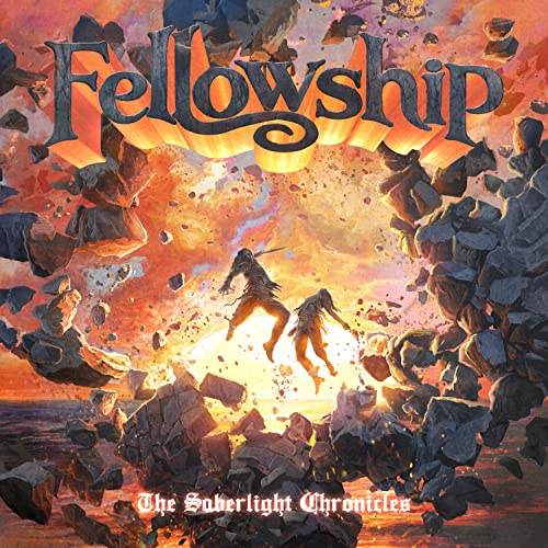 Fantasy album cover with figures falling amidst fiery, fragmented landscape.