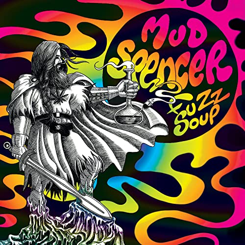 Black and white illustration of a knight with a pipe, psychedelic background.