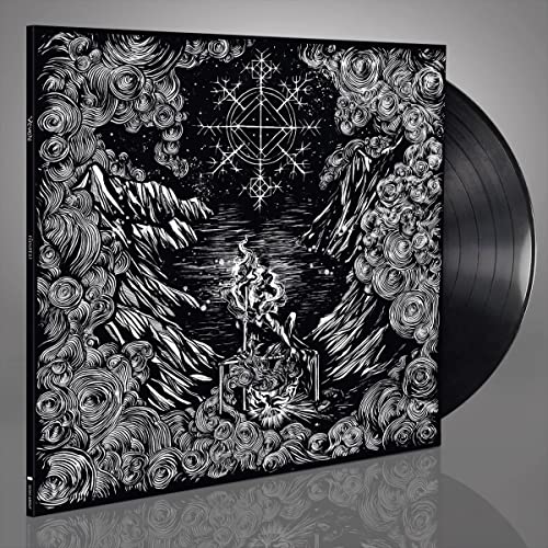 Black vinyl record with ornate, detailed white cover art depicting a landscape.