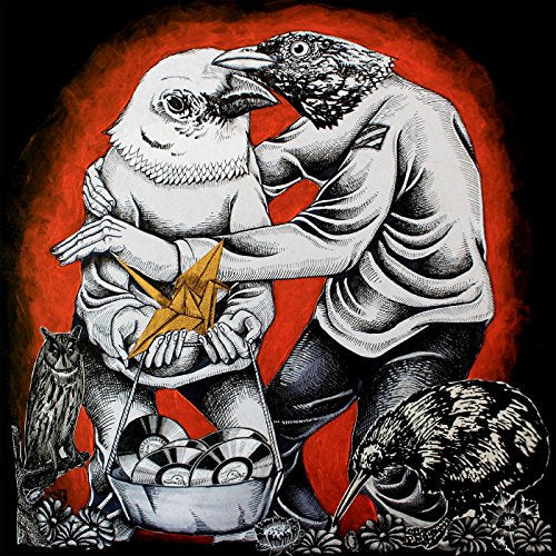 "Album cover art: man and bird figure surrounded by crows, red background."