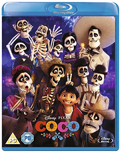 "Animated boy in red shirt holding a white guitar, Disney Pixar Coco Blu-ray cover."