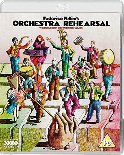 "Blu-ray case cover featuring colorful cartoon musicians on steps, with a giant hand."