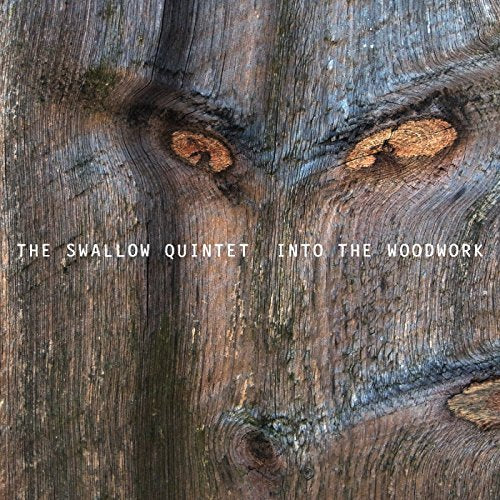 "Album cover with weathered wooden texture and white text 'The Swallow Quintet Into The Woodwork'."