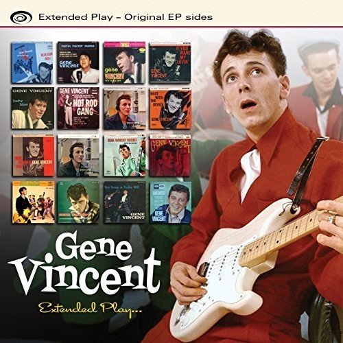 Gene Vincent holding a white guitar, surrounded by 12 EP album covers.