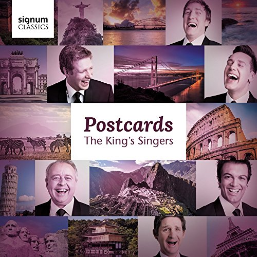 CD cover for "Postcards" by The King's Singers, featuring portraits and landmarks.