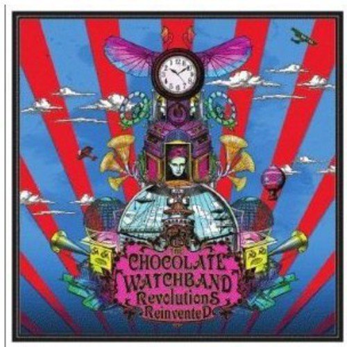 "Album cover art featuring a steampunk-inspired clockwork machine against a blue and red striped background."