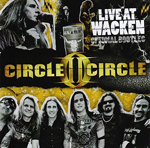 "Album cover with band members and singer, yellow and black background, 'Circle II Circle' text."