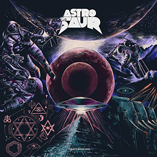 Album cover with astronauts, a planet, UFO, and mystical symbols.