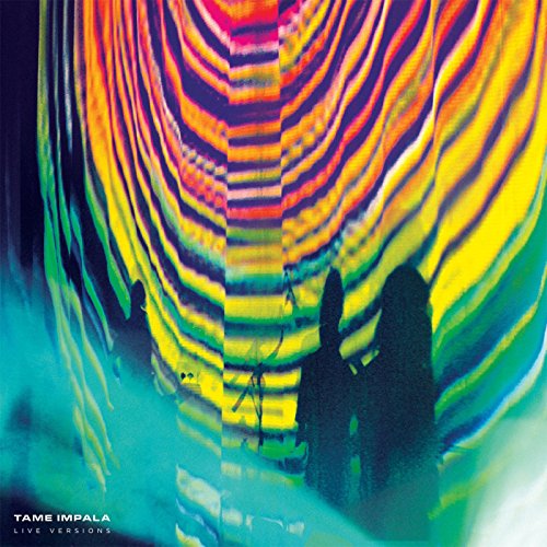 The alt text for the image is: "Tame Impala album cover with silhouetted figures and colorful, wavy pattern."