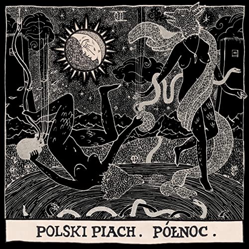 Black and white illustration of figures with sun and moon imagery.
