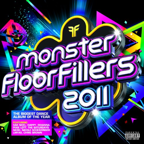 CD cover for “Monster Floorfillers 2011” with bright, geometric designs.