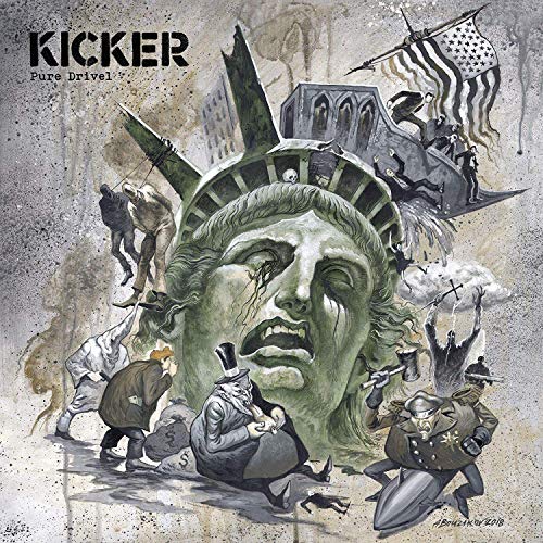 Album cover for Kicker’s “Pure Drivel” featuring distorted imagery and figures.