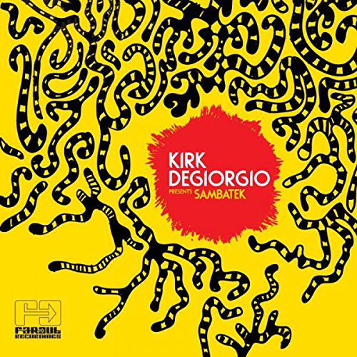 Yellow album cover with black abstract design and red center featuring white text.