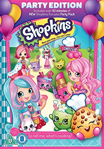 "DVD cover featuring cartoon Shopkins characters and sweets, titled 'Shopkins Chef Club Party Edition'."