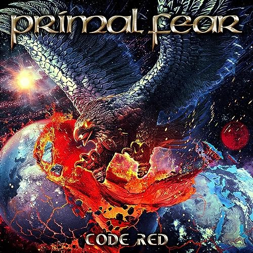 Primal Fear album cover: eagle with Earth, flames, and cosmic background.