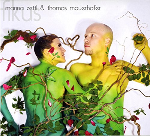 Album cover with two painted people entwined with vines and red flowers against a white background.