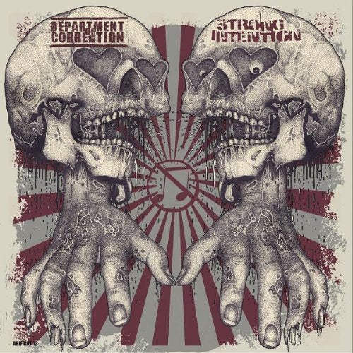 Two skulls with heart-shaped eye sockets and reaching hands over a red sunburst background.