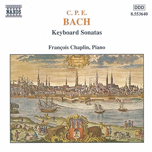"CD cover with vintage cityscape illustration, coat of arms, and text 'C. P. E. Bach Keyboard Sonatas'."