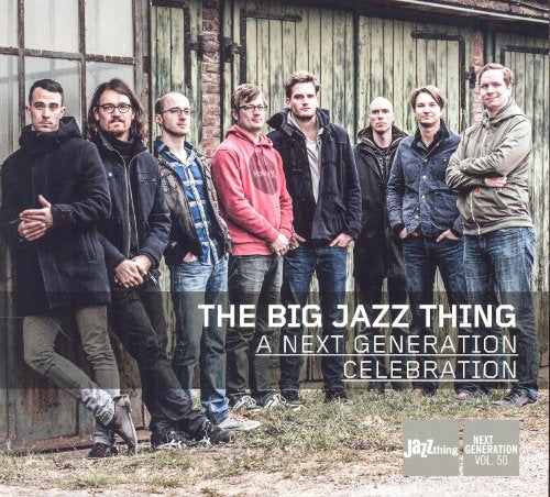 "CD cover featuring seven men standing against a wooden building."