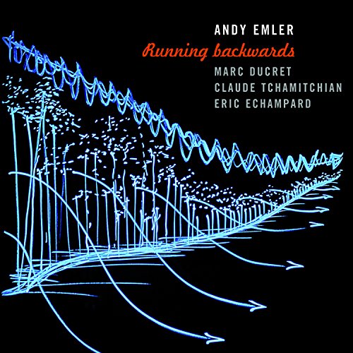 CD cover for Andy Emlerās āRunning Backwardsā featuring blue abstract lines.