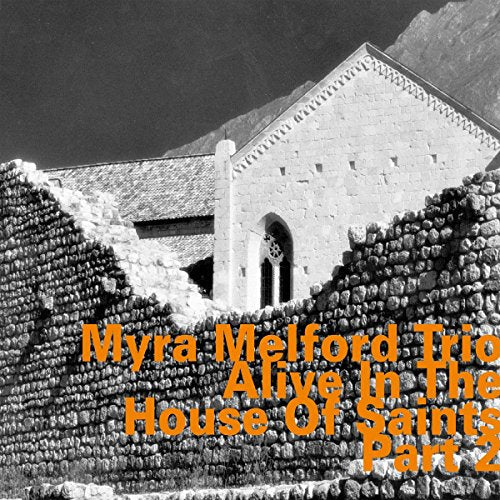 "Album cover featuring a black and white stone building with orange text overlay."