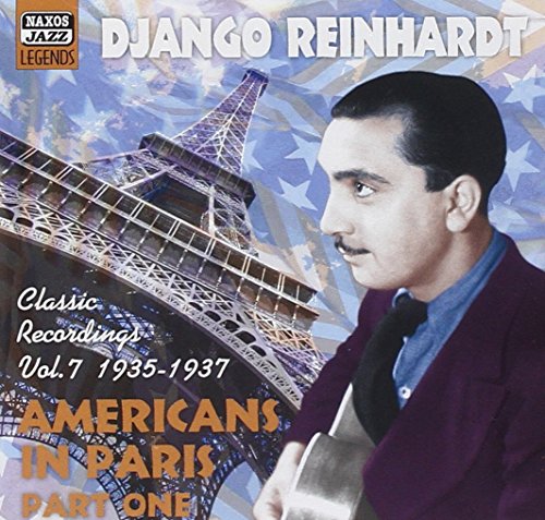 "CD cover featuring Django Reinhardt holding a guitar, Eiffel Tower in the background."