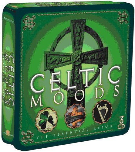 "CD cover with Celtic cross, shamrock, and harp on green background, titled 'Celtic Moods'."