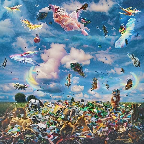 Surreal album cover with flying creatures over a field of objects and dogs.