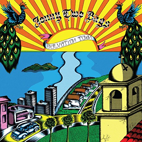 "Album cover art featuring a colorful illustration of a town with peacocks and buildings."