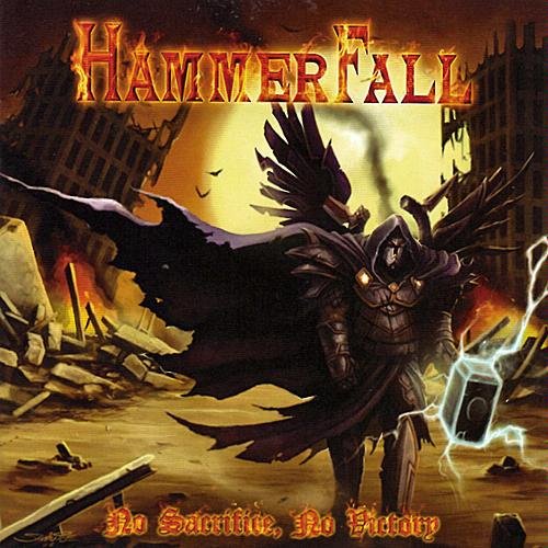 "Album cover art: hooded figure with wings amidst destruction, glowing eyes and lightning."