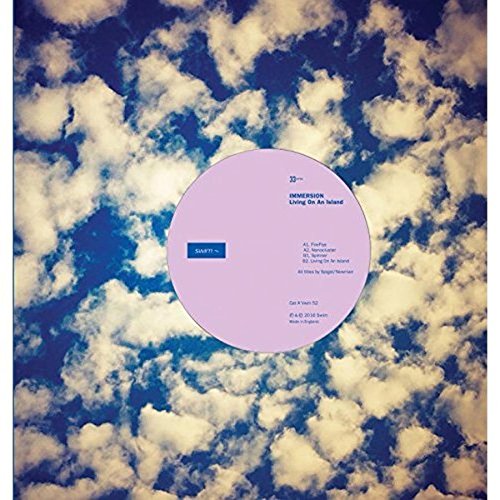Vinyl record with a pale purple label against a cloudy blue sky.