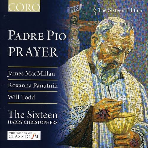 CD cover featuring mosaic portrait of Padre Pio and a crucifix.