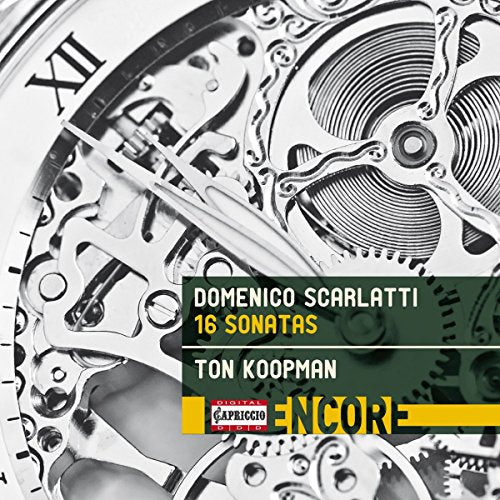 "CD cover with clockwork mechanisms and text overlay featuring 'Domenico Scarlatti 16 Sonatas'."