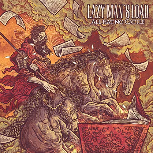 Album cover: skeletal figure riding horses amidst falling papers.