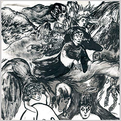 Black and white illustration of people in a chaotic, abstract scene on a vinyl record cover.
