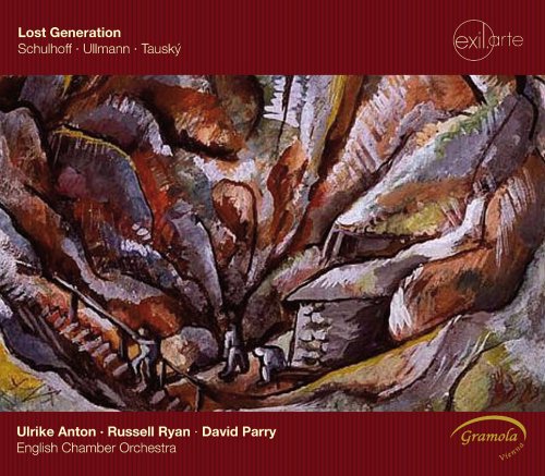 "Album cover with abstract painting and red border, featuring artist and orchestra names."