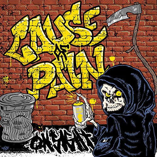 CD cover: Grim Reaper sprays graffiti on a brick wall.