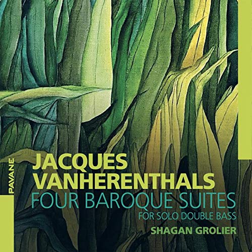 "CD cover with abstract green leaves and text: 'Jacques Vanherenthals: Four Baroque Suites'."