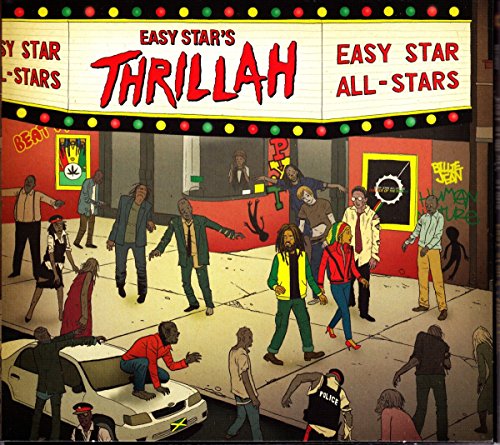 "Album cover art: cartoon illustration of a chaotic scene outside a movie theater."