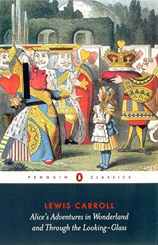 "Book cover featuring an illustration of Alice and royal figures, with Penguin Classics logo."