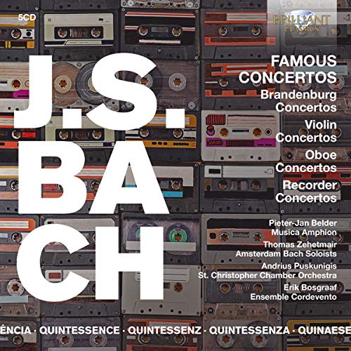 "CD cover with 'J.S. Bach' and 'Famous Concertos' text on a background of cassette tapes."