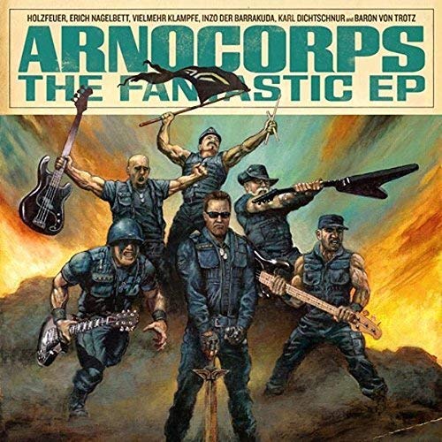 Painted album cover featuring five figures with instruments and a flag.
