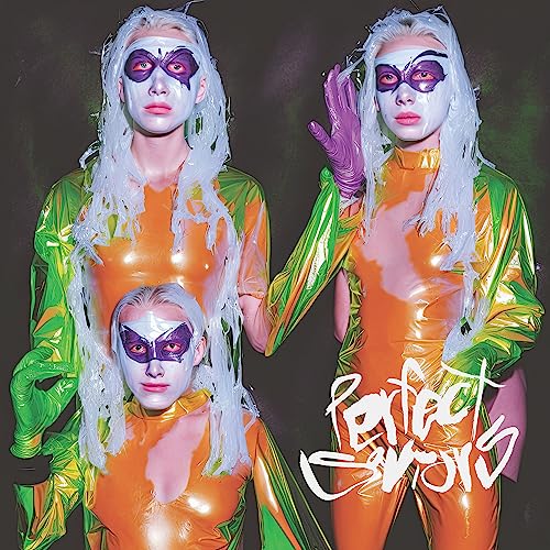 Three figures in brightly colored suits and masks, album cover.