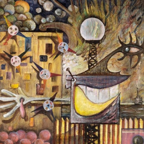 Surreal abstract painting with symbolic figures, shapes, and muted earthy tones on an album cover.