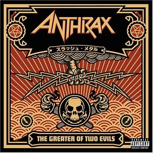 Anthrax album cover with skull, crossed swords, and red and gold design.