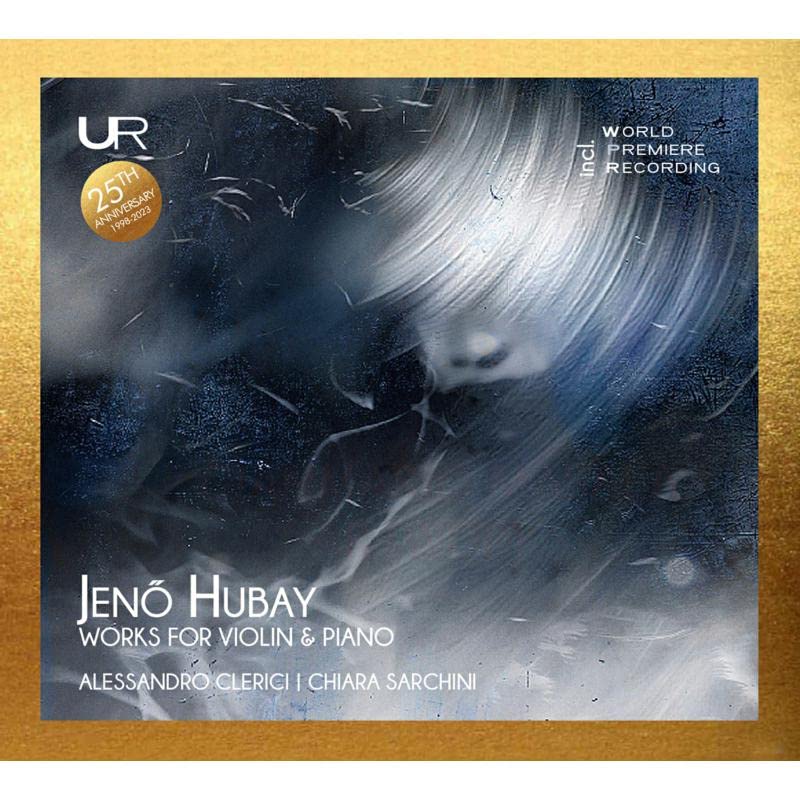 CD cover for Hubay’s violin and piano works, abstract blue swirl design.