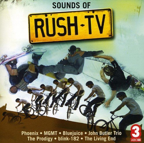 "Album cover with cyclists and skateboarder in action, yellow sign reading 'RUSH-TV'."