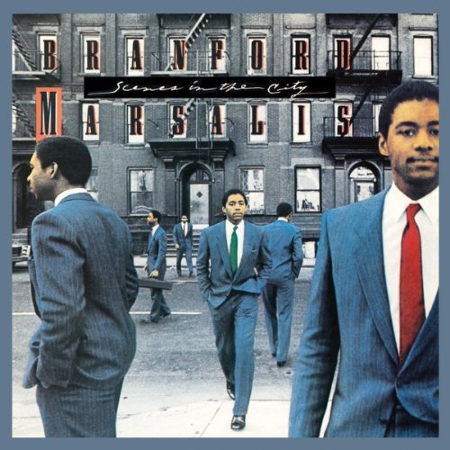 "Album cover featuring men in suits on a city street."