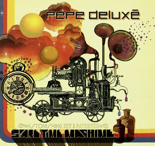 Album cover art: steampunk time machine with clock, pipes, and bottles on beige background.