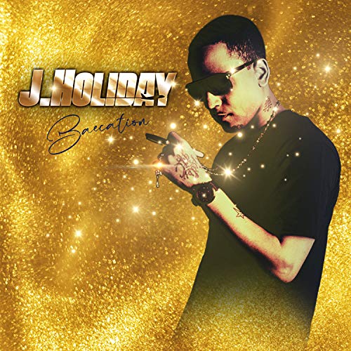 J. Holiday album cover, "Baecation," with gold glitter background.